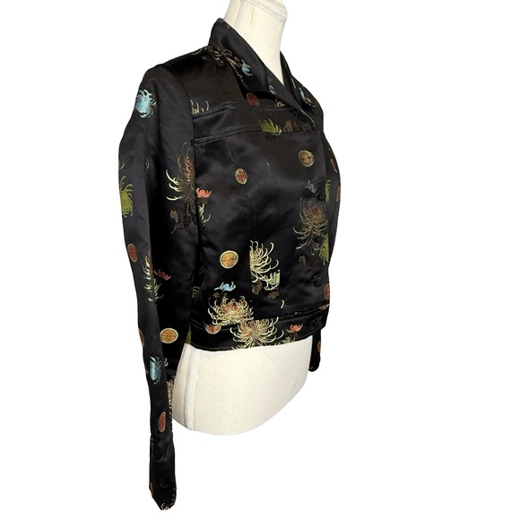 Night Lights Oriental Floral Print Jacket Cropped Silk Blend Black Womens Size 4 - Picture 2 of 9
